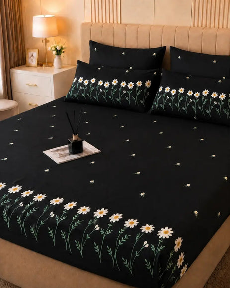 Daisy Embroidered Cotton Bedsheet Set – 5 Pcs