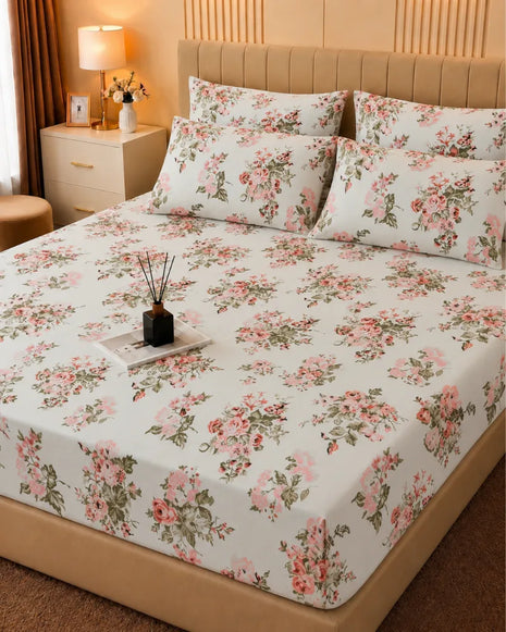 Blush Floral Printed Cotton Bedsheet Set – 5 Pcs