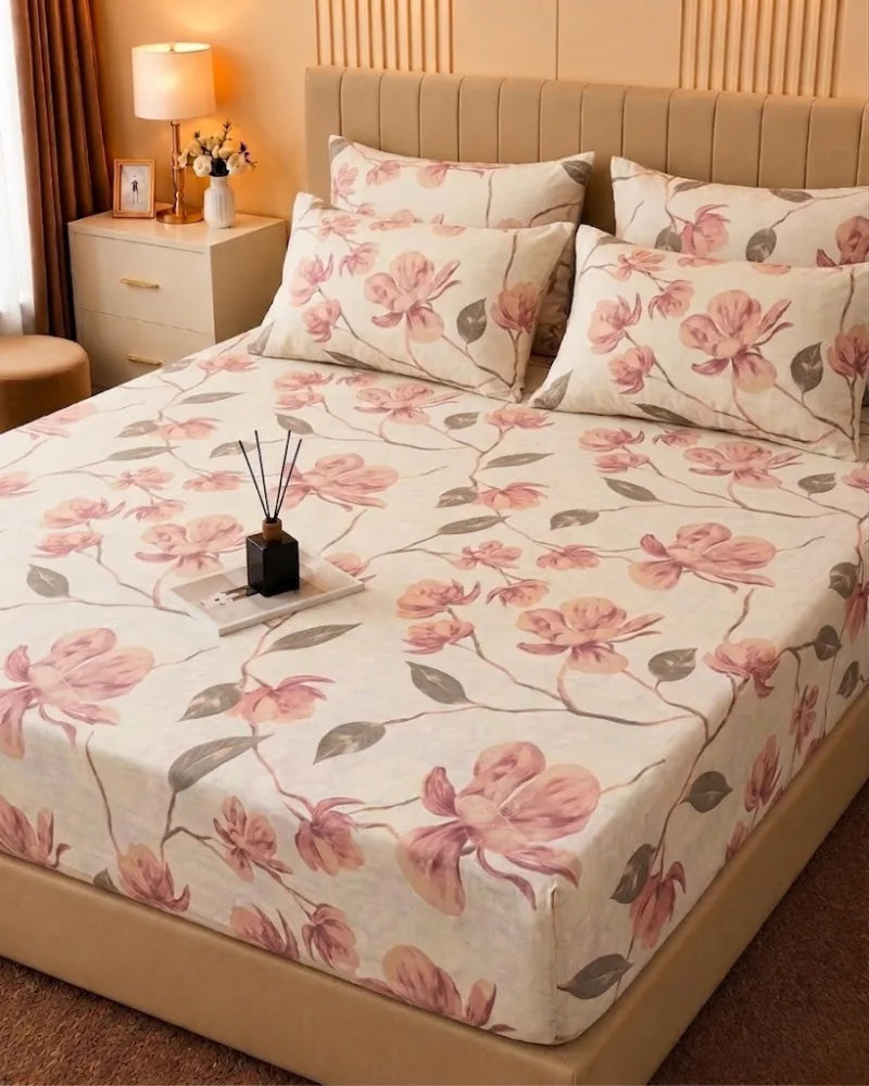 Blush Floral Printed Cotton Bedsheet Set – 5 Pcs