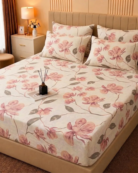 Blush Floral Printed Cotton Bedsheet Set – 5 Pcs
