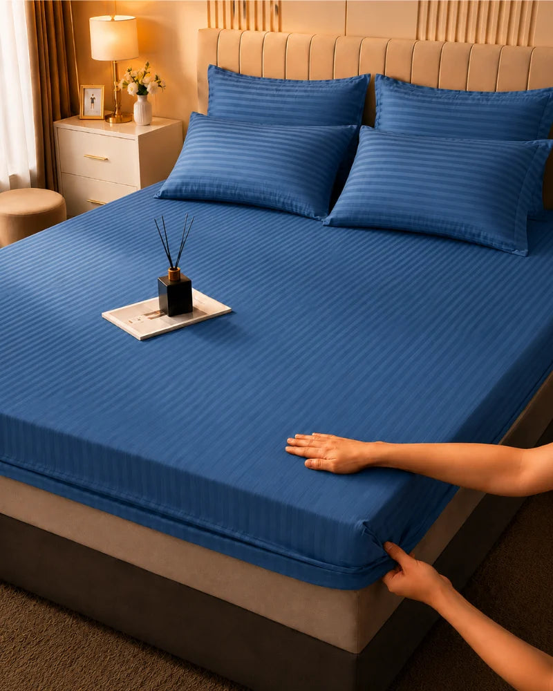 Deep Blue Stripe Bedsheet Set – 5 Pcs