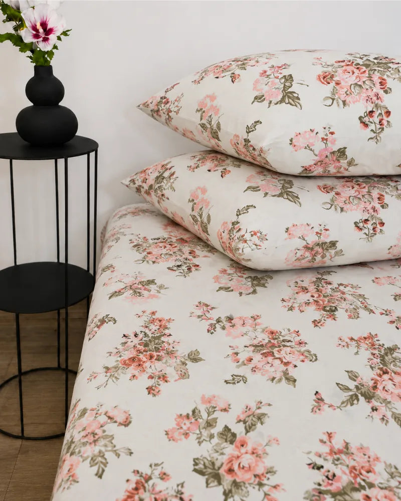 Blush Floral Printed Cotton Bedsheet Set – 5 Pcs