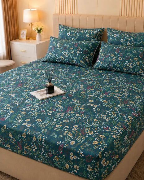 Teal Motif Cotton Bedsheet Set – 5 Pcs