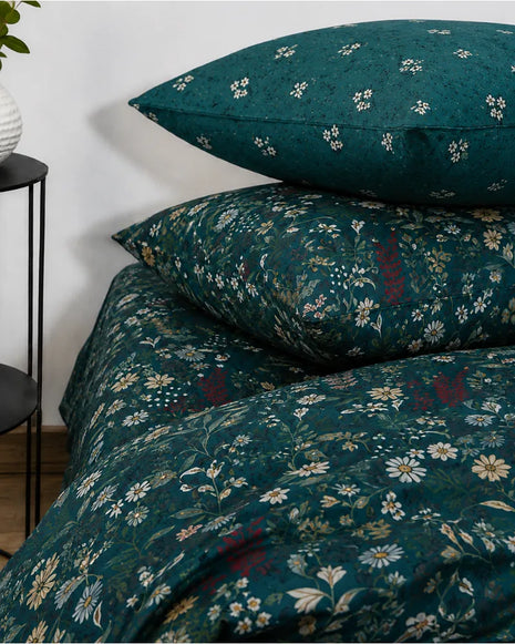 Teal Motif Cotton Reversible Quilt Cover Set – 7 Pcs