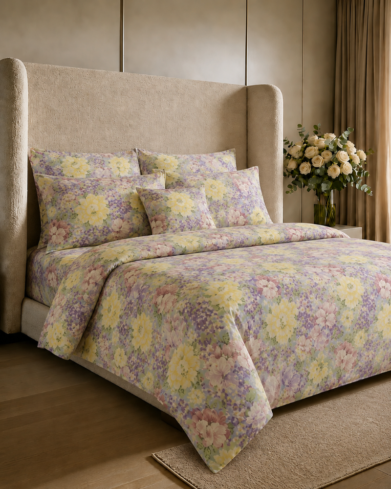 Floral Printed Satin Bedsheet Set – 7 Pcs