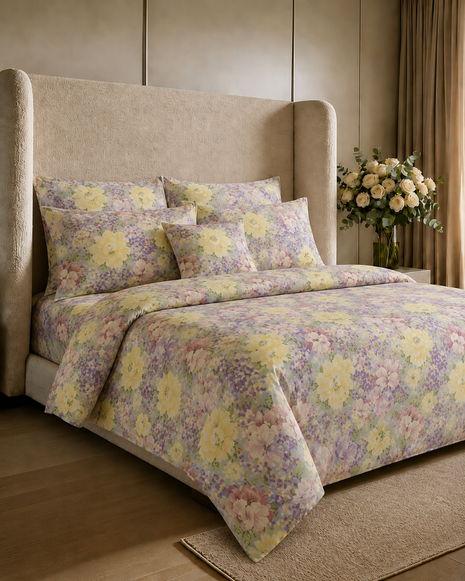 Floral Printed Satin Bedsheet Set – 7 Pcs