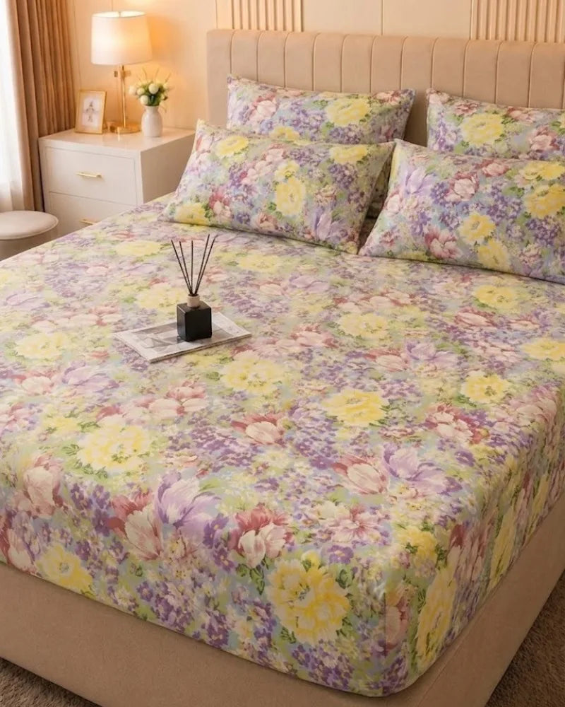 Floral Printed Satin Bedsheet Set – 5 Pcs