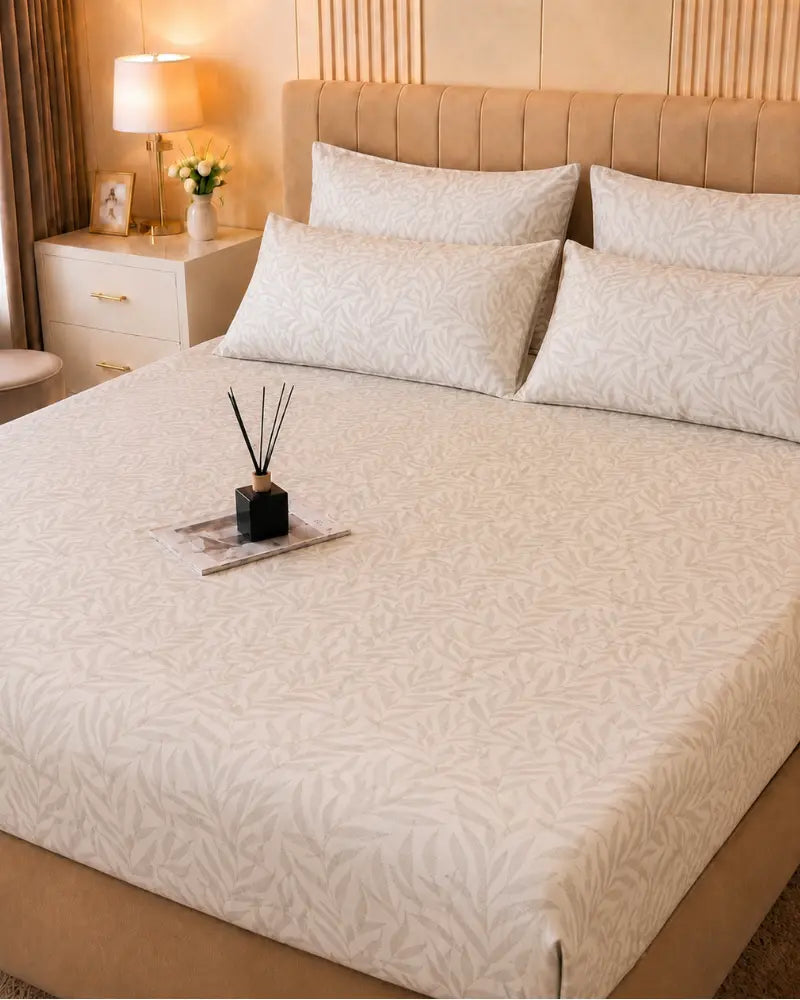 Leaf Pattern Satin Bedsheet Set – 5 Pcs