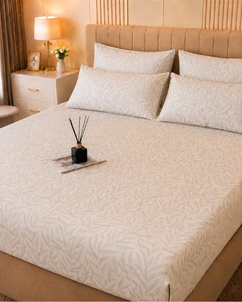 Leaf Pattern Satin Bedsheet Set – 5 Pcs