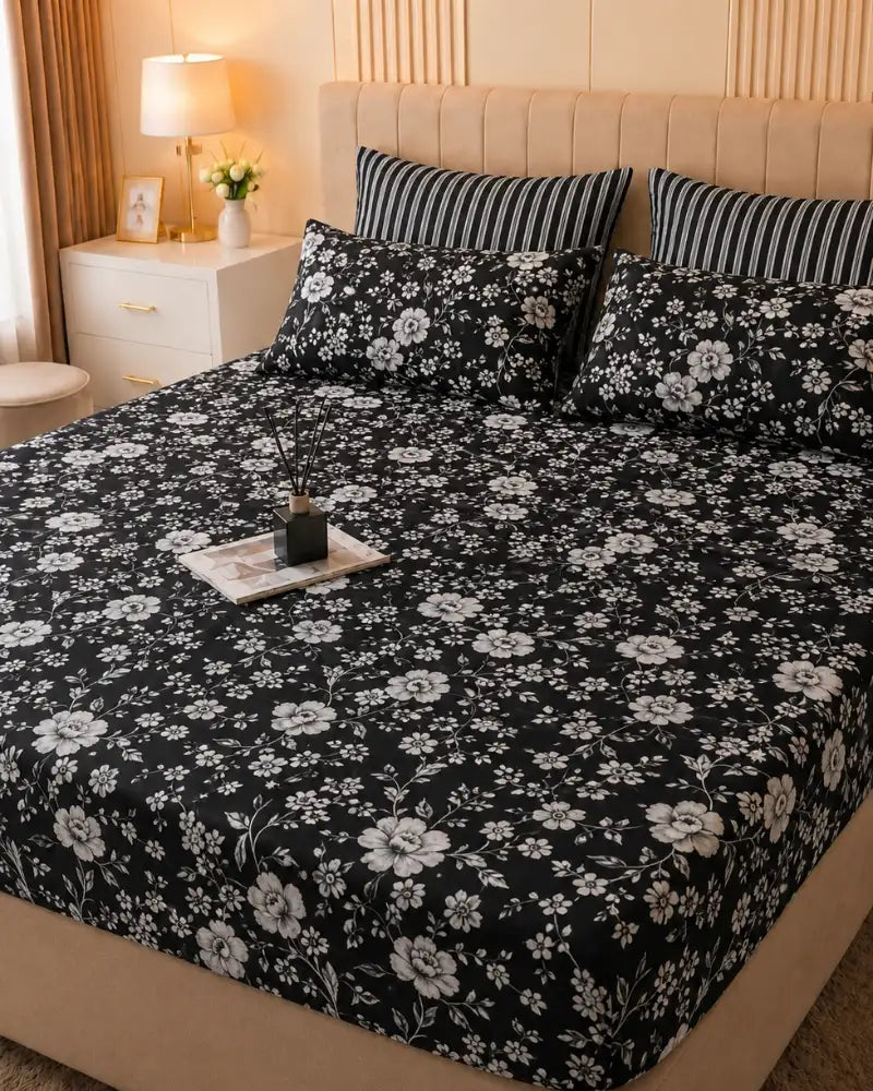 Monochrome Floral Cotton Bedsheet Set – 5 Pcs