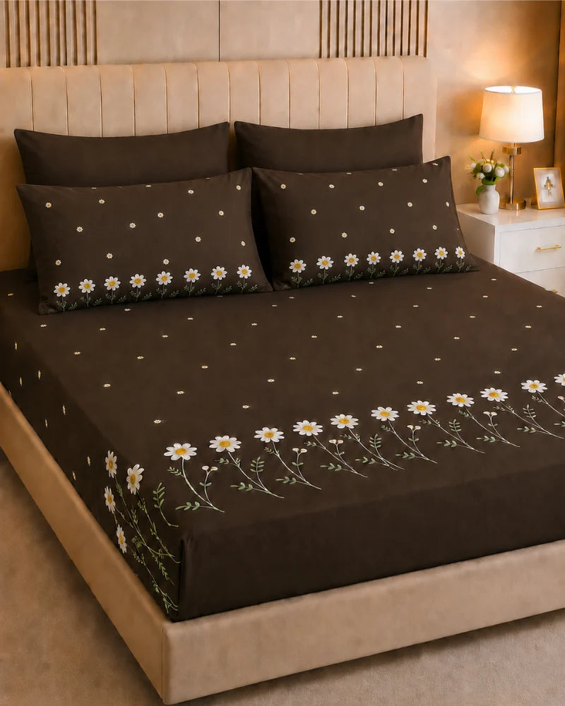 Daisy Embroidered Cotton Bedsheet Set – 5 Pcs