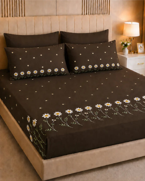 Daisy Embroidered Cotton Bedsheet Set – 5 Pcs